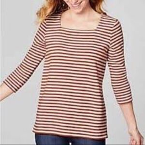 J. Jill Rust Red Cream Striped Square Neck Cotton Top